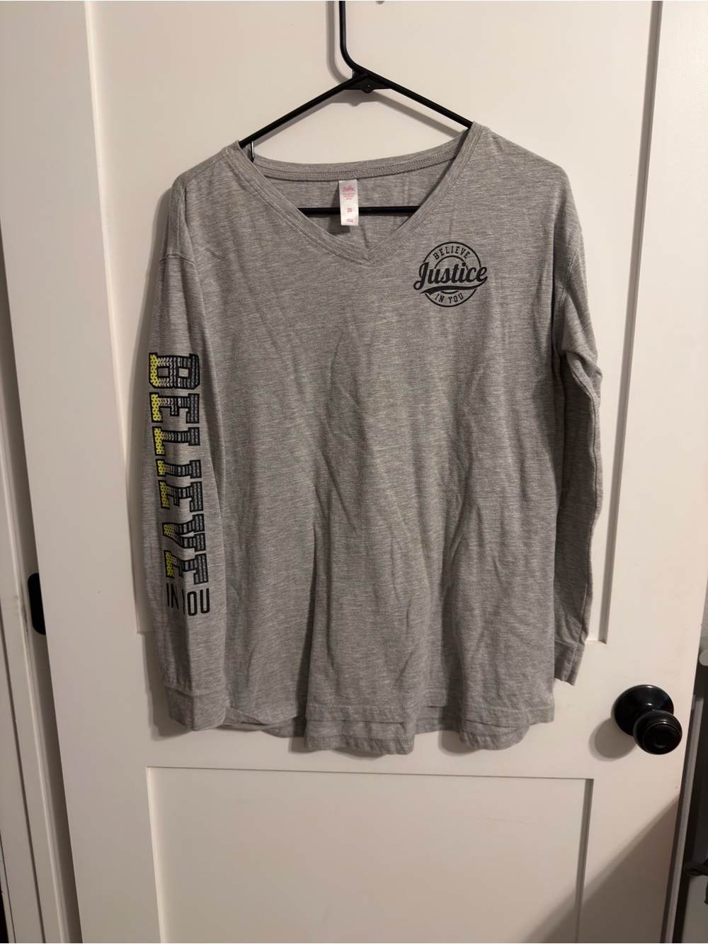 Justice Light Gray Long Sleeve Shirt with Yellow Sleeve Detail